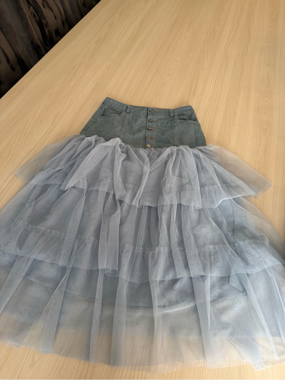 Tiered Tulle Midi Skirt in Light Blue